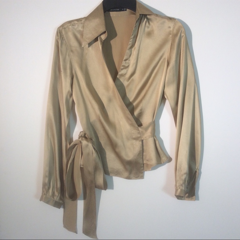 The Limited Sz XS Extra Small 100% Silk Gold Wrap Front Waist Tie Dressy Blouse